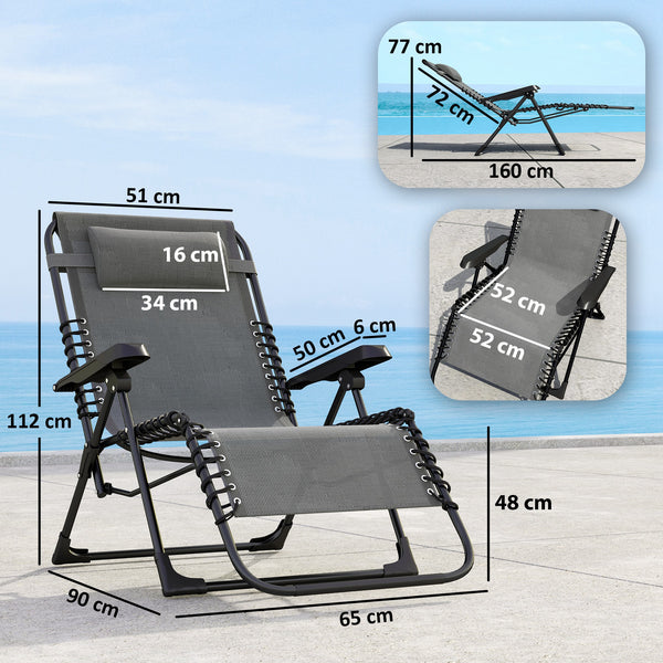 Lot de 2 bain de soleil, chaise longue pliante avec appuie-tête en textilène, transat jardin extérieur inclinable de plage camping piscine terrasse, 90 x 65 x 112 cm, gris