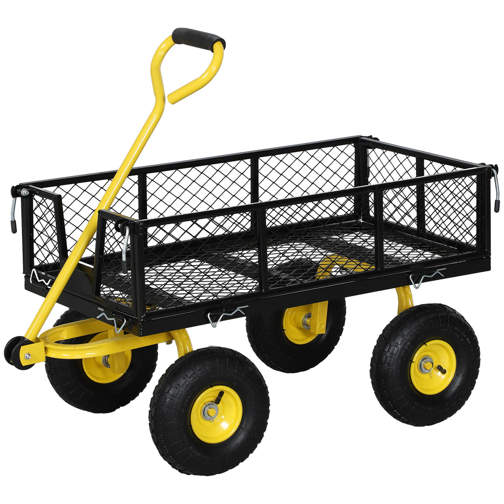 Chariot de jardin en acier, chariot de transport, côtés amovibles transformable en plateau, 4 roues, 200 kg, charrette, remorque, poignée rotative à 180°, noir et jaune