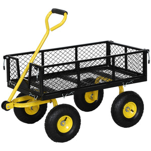 Chariot de jardin en acier, chariot de transport, côtés amovibles transformable en plateau, 4 roues, 200 kg, charrette, remorque, poignée rotative à 180°, noir et jaune