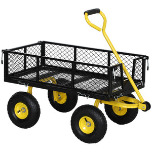 Chariot de jardin en acier, chariot de transport, côtés amovibles transformable en plateau, 4 roues, 200 kg, charrette, remorque, poignée rotative à 180°, noir et jaune