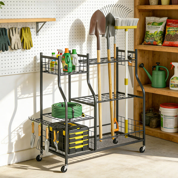 Organisateur d'Outils de Jardin en Acier à 3 Niveaux, 74 Emplacements, 4 Roues, 11 Crochets, Porte-Outils de Jardin pour Pelles et Râteaux Longs, Noir
