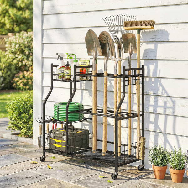 Organisateur d'Outils de Jardin en Acier à 3 Niveaux, 74 Emplacements, 4 Roues, 11 Crochets, Porte-Outils de Jardin pour Pelles et Râteaux Longs, Noir