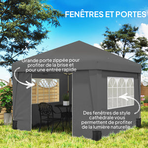 Tonnelle de jardin pop-up pliante tonnelle barnum tente de réception 3 x 3 m anti-UV 30 + avec fenêtres parois latérales sac de transport sacs de sable gris foncé