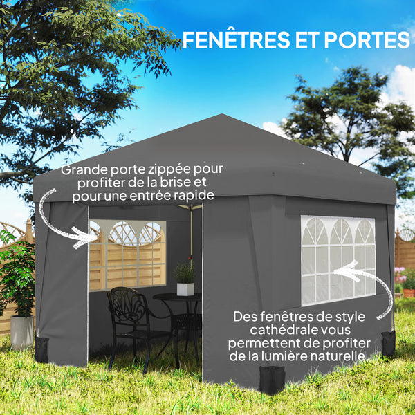 Tonnelle de jardin pop-up pliante tonnelle barnum tente de réception 3 x 3 m anti-UV 30 + avec fenêtres parois latérales sac de transport sacs de sable gris foncé