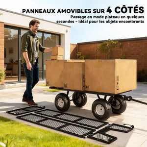 Chariot de jardin 300 Kg, chariot de transport chariot à roulettes avec bâche amovible et poignée rotative à 180°, chariot remorque avec parois rabattables et pneus gonflables 25 cm, noir