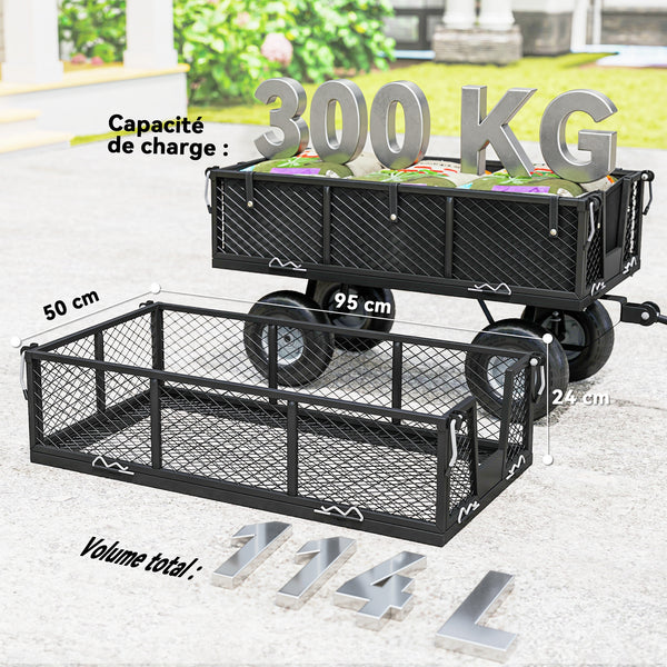 Chariot de jardin 300 Kg, chariot de transport chariot à roulettes avec bâche amovible et poignée rotative à 180°, chariot remorque avec parois rabattables et pneus gonflables 25 cm, noir