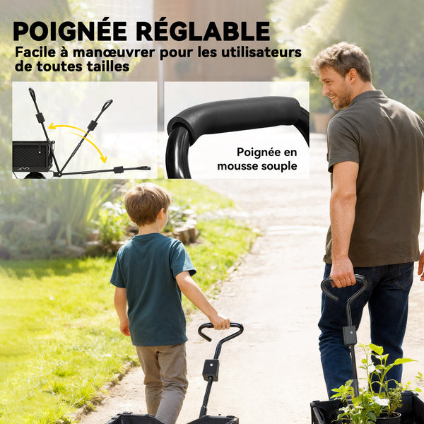 Chariot de jardin 300 Kg, chariot de transport chariot à roulettes avec bâche amovible et poignée rotative à 180°, chariot remorque avec parois rabattables et pneus gonflables 25 cm, noir