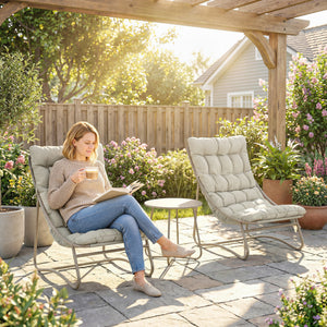 - Salon bistro 3 pièces pour 2 personnes, table ronde et chaises d'extérieur avec assise en textilène et coussins, mobilier de jardin en métal pour patio et balcon, gris clair
