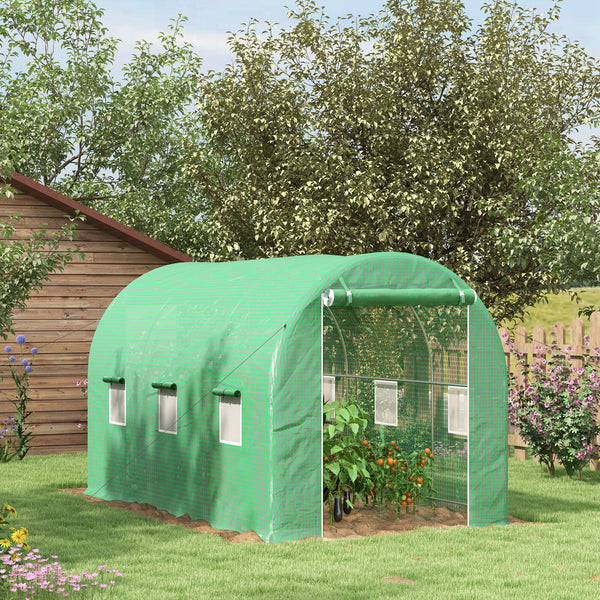 Serre de Jardin Tunnel serre à tomates Surface Sol 8 m² 4L x 2l x 2,05H m châssis Tubulaire renforcé Double Porte zippée 6 fenêtres enroulables vert