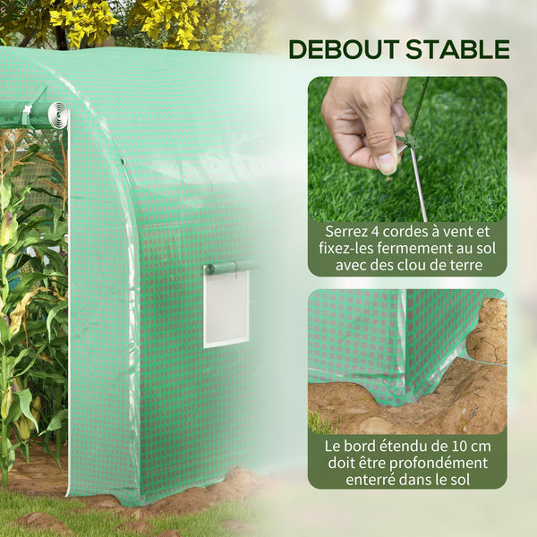 Serre de Jardin Tunnel serre à tomates Surface Sol 8 m² 4L x 2l x 2,05H m châssis Tubulaire renforcé Double Porte zippée 6 fenêtres enroulables vert