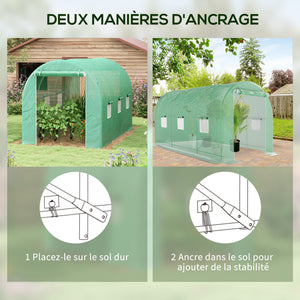 Serre de Jardin Tunnel serre à tomates Surface Sol 8 m² 4L x 2l x 2,05H m châssis Tubulaire renforcé Double Porte zippée 6 fenêtres enroulables vert