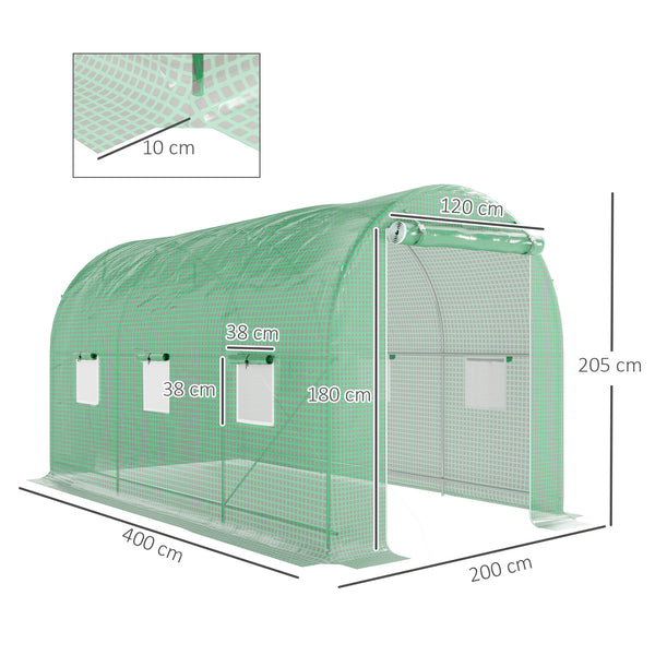 Serre de Jardin Tunnel serre à tomates Surface Sol 8 m² 4L x 2l x 2,05H m châssis Tubulaire renforcé Double Porte zippée 6 fenêtres enroulables vert