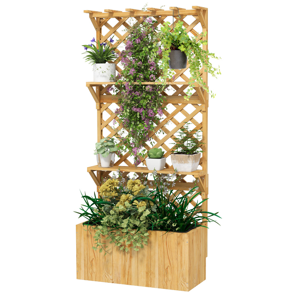 Jardinière avec treillis lit surélevé de jardin potager sur pied en bois avec étagères, trous de drainage et doublure, bac à fleurs pot de plantes pour balcon terrasse patio, naturel