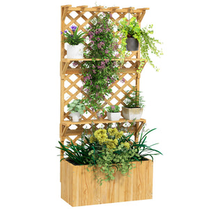 Jardinière avec treillis lit surélevé de jardin potager sur pied en bois avec étagères, trous de drainage et doublure, bac à fleurs pot de plantes pour balcon terrasse patio, naturel