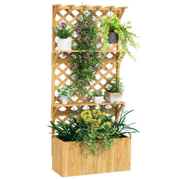 Jardinière avec treillis lit surélevé de jardin potager sur pied en bois avec étagères, trous de drainage et doublure, bac à fleurs pot de plantes pour balcon terrasse patio, naturel
