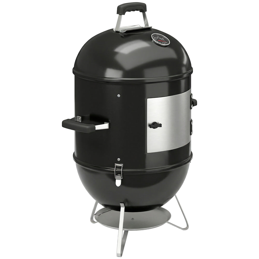 Fumoir 3 en 1, avec 3 Grilles de Cuisson Ø44 cm, Thermomètre Intégré, Ventilation Réglable, Couvercle Amovible, Poignée Isolée, Barbecue Charbon de Bois pour Camping Fêtes Pique-niques, Noir
