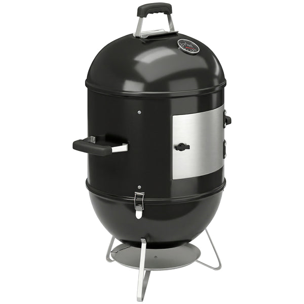 Fumoir 3 en 1, avec 3 Grilles de Cuisson Ø44 cm, Thermomètre Intégré, Ventilation Réglable, Couvercle Amovible, Poignée Isolée, Barbecue Charbon de Bois pour Camping Fêtes Pique-niques, Noir