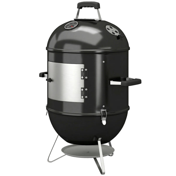Fumoir 3 en 1, avec 3 Grilles de Cuisson Ø44 cm, Thermomètre Intégré, Ventilation Réglable, Couvercle Amovible, Poignée Isolée, Barbecue Charbon de Bois pour Camping Fêtes Pique-niques, Noir