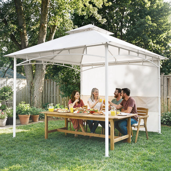 Pavillon 3 x 3 m, Toit Double, Abri de Jardin avec Rideaux et Poches de Rangement, Crochet de Plafond, Structure Métallique Solide, Blanc Crème