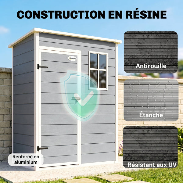 Abri de jardin 1,14 m² cabane de jardin pour outils - porte verrouillable, aération et fenêtre - dim. 151L x 92l x 193H cm  - plastique, gris