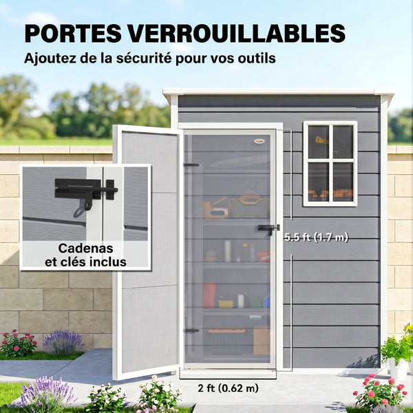 Abri de jardin 1,14 m² cabane de jardin pour outils - porte verrouillable, aération et fenêtre - dim. 151L x 92l x 193H cm  - plastique, gris