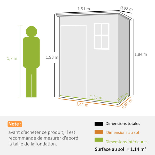 Abri de jardin 1,14 m² cabane de jardin pour outils - porte verrouillable, aération et fenêtre - dim. 151L x 92l x 193H cm  - plastique, gris
