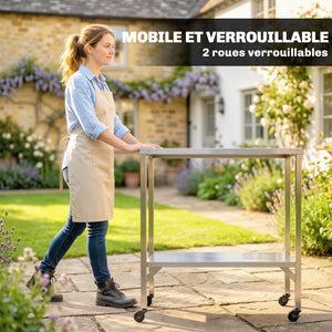 Chariot de Barbecue en Acier Inoxydable - Table de Préparation Extérieur de 85x60cm avec Plan de Travail et Roulettes - Desserte de Jardin Stable pour Four à Pizza et Grill, Argenté