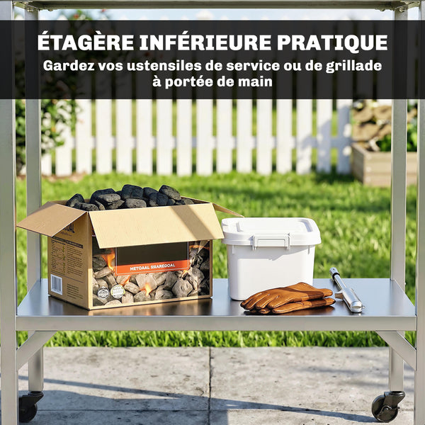 Chariot de Barbecue en Acier Inoxydable - Table de Préparation Extérieur de 85x60cm avec Plan de Travail et Roulettes - Desserte de Jardin Stable pour Four à Pizza et Grill, Argenté