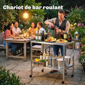Chariot de Barbecue en Acier Inoxydable - Table de Préparation Extérieur de 85x60cm avec Plan de Travail et Roulettes - Desserte de Jardin Stable pour Four à Pizza et Grill, Argenté