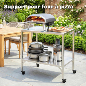 Chariot de Barbecue en Acier Inoxydable - Table de Préparation Extérieur de 85x60cm avec Plan de Travail et Roulettes - Desserte de Jardin Stable pour Four à Pizza et Grill, Argenté