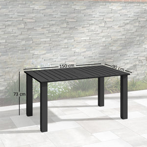 Table de jardin rectangulaire pour 4 à 6 personnes, table à manger extérieure avec trou pour parasol plateau en métal à lattes, structure en acier, pour balcon, 150 x 90 x 73 cm, noir