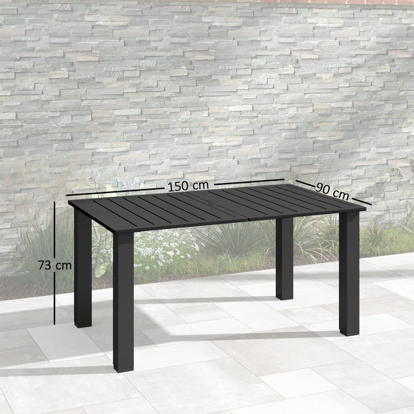 Table de jardin rectangulaire pour 4 à 6 personnes, table à manger extérieure avec trou pour parasol plateau en métal à lattes, structure en acier, pour balcon, 150 x 90 x 73 cm, noir
