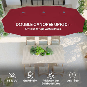 Parasol de jardin extérieur, parasol double rectangulaire 4 x 2,2 x 2,3 m avec ouverture fermeture manivelle, toile 180 g/m² pour balcon, piscine, terrasse, rouge vineux