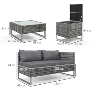 Ensemble salon de jardin d'angle 4 places coussins déhoussables table basse coffre rangement acier époxy résine tressée - gris