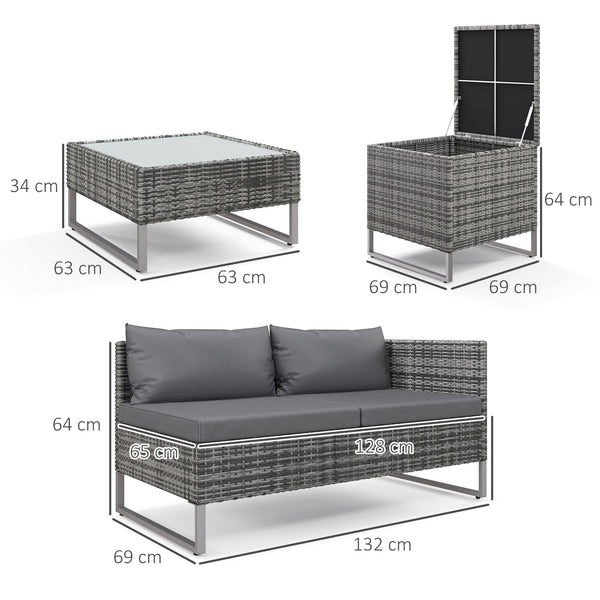 Ensemble salon de jardin d'angle 4 places coussins déhoussables table basse coffre rangement acier époxy résine tressée - gris