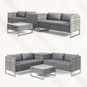Ensemble salon de jardin d'angle 4 places coussins déhoussables table basse coffre rangement acier époxy résine tressée - gris