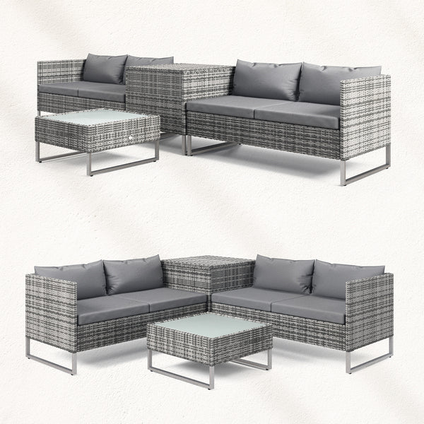 Ensemble salon de jardin d'angle 4 places coussins déhoussables table basse coffre rangement acier époxy résine tressée - gris