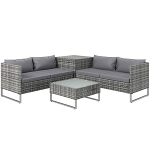 Ensemble salon de jardin d'angle 4 places coussins déhoussables table basse coffre rangement acier époxy résine tressée - gris