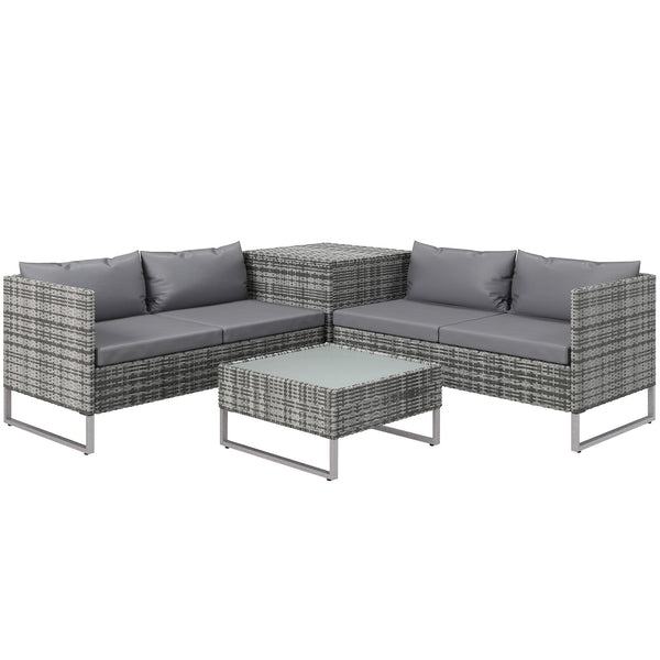 Ensemble salon de jardin d'angle 4 places coussins déhoussables table basse coffre rangement acier époxy résine tressée - gris