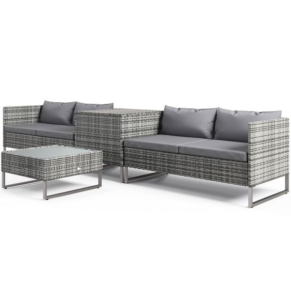 Ensemble salon de jardin d'angle 4 places coussins déhoussables table basse coffre rangement acier époxy résine tressée - gris