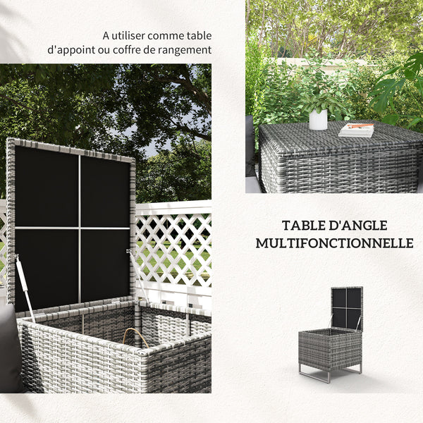 Ensemble salon de jardin d'angle 4 places coussins déhoussables table basse coffre rangement acier époxy résine tressée - gris
