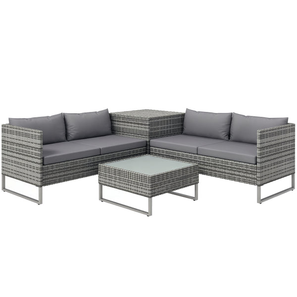 Ensemble salon de jardin d'angle 4 places coussins déhoussables table basse coffre rangement acier époxy résine tressée - gris