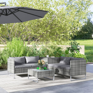 Ensemble salon de jardin d'angle 4 places coussins déhoussables table basse coffre rangement acier époxy résine tressée - gris