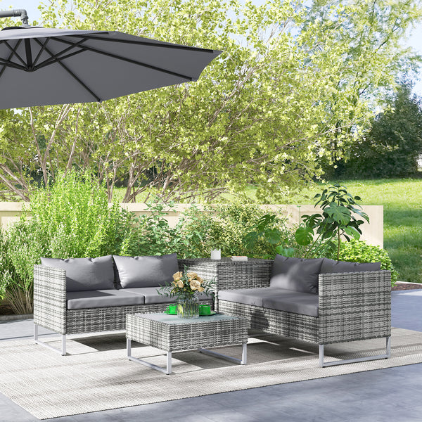 Ensemble salon de jardin d'angle 4 places coussins déhoussables table basse coffre rangement acier époxy résine tressée - gris