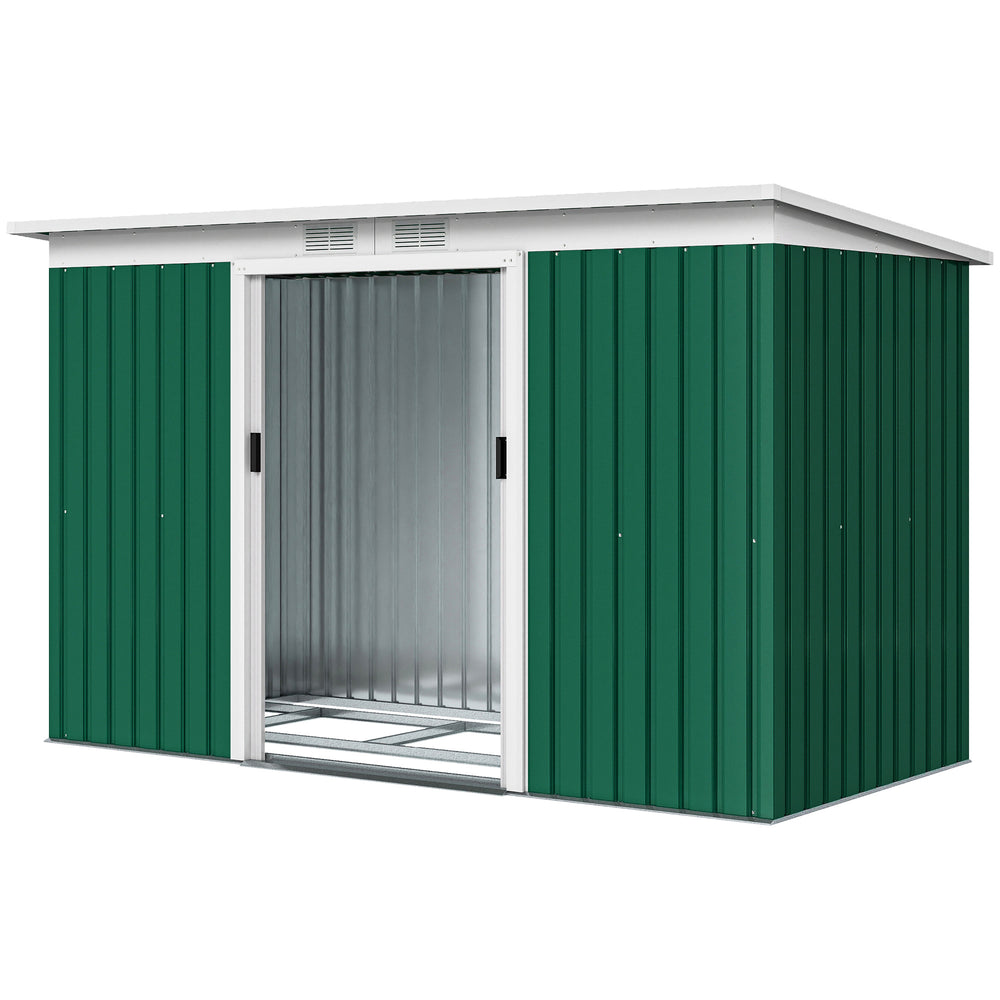 Abri de jardin en acier galvanisé XXL 3,6 m² avec kit de fondation 280 x 130 x 172 cm, cabane de jardin cabanon rangement outils avec portes coulissantes verrouillables aérations, vert foncé
