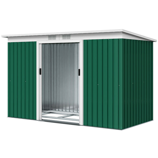Abri de jardin en acier galvanisé XXL 3,6 m² avec kit de fondation 280 x 130 x 172 cm, cabane de jardin cabanon rangement outils avec portes coulissantes verrouillables aérations, vert foncé
