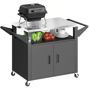 Chariot Barbecue Extérieur avec Plateau en Acier Inoxydable, Support à Pizza à 3 Étagères avec Placard de Rangement, Chariot BBQ Mobile sur Roulettes, Noir