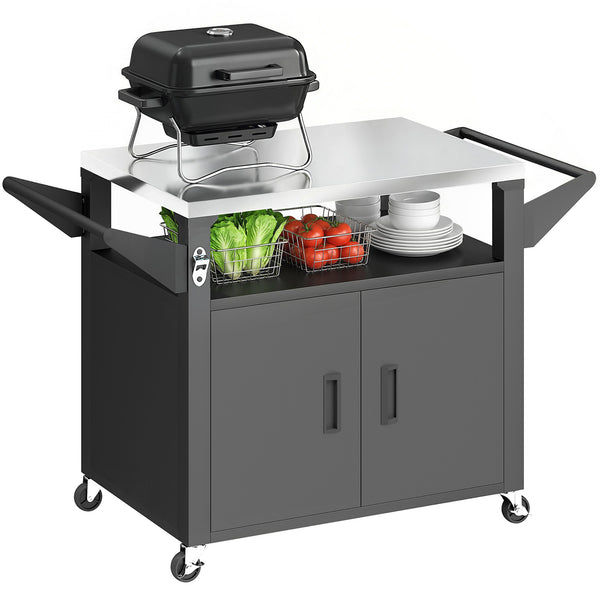 Chariot Barbecue Extérieur avec Plateau en Acier Inoxydable, Support à Pizza à 3 Étagères avec Placard de Rangement, Chariot BBQ Mobile sur Roulettes, Noir