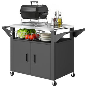 Chariot Barbecue Extérieur avec Plateau en Acier Inoxydable, Support à Pizza à 3 Étagères avec Placard de Rangement, Chariot BBQ Mobile sur Roulettes, Noir