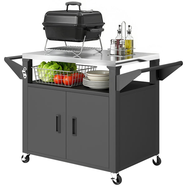 Chariot Barbecue Extérieur avec Plateau en Acier Inoxydable, Support à Pizza à 3 Étagères avec Placard de Rangement, Chariot BBQ Mobile sur Roulettes, Noir